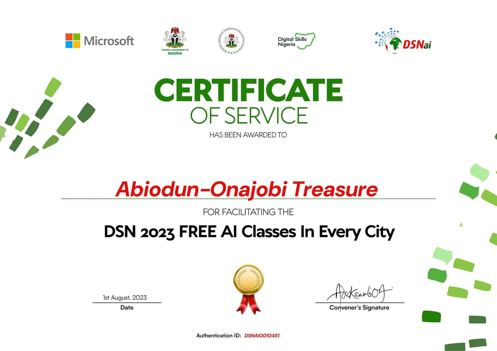 Certificate of service — facilitating DSN’s 2023 Free AI Classes in Every City.