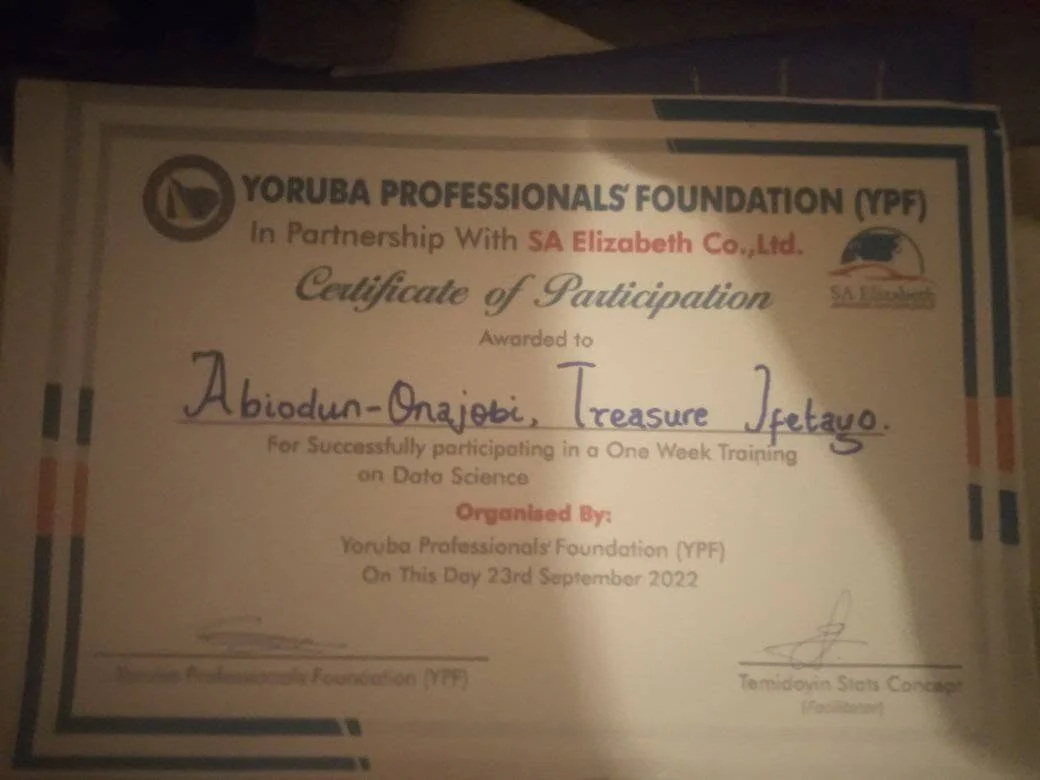 My certificate from the YPF training.
